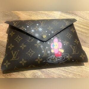 Louis Vuitton Brown Monogram Clutch with Pink Floral Accent